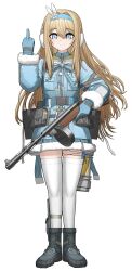 Rule 34 | 1girl, absurdres, blonde hair, blue eyes, blue gloves, blue jacket, boots, cheogtanbyeong, clenched hand, closed mouth, earmuffs, full body, fur-trimmed jacket, fur trim, girls&#039; frontline, girls&#039; frontline 2: exilium, gloves, gun, hair intakes, hair ornament, hand up, highres, holding, holding gun, holding weapon, jacket, knife, korean commentary, long hair, looking at viewer, middle finger, pouch, sheath, sheathed, simple background, skindentation, smile, solo, straight-on, submachine gun, suomi (girls&#039; frontline), suomi kp/-31, thighhighs, trigger discipline, weapon, white background, white thighhighs