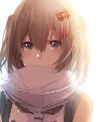 Rule 34 | 1girl, bare shoulders, blush, brown eyes, brown hair, closed mouth, hair ornament, kantai collection, looking at viewer, rinto (rint rnt), scarf, sendai (kancolle), sendai kai ni (kancolle), simple background, smile, solo, tassel, tears, two side up, upper body, white background, white scarf
