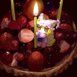 Rule 34 | 1girl, animal hat, blonde hair, blue tabard, blush, candle, commentary, dress, food, fox tail, fruit, fruit tart, fumo (doll), hat, highres, jitome, long sleeves, mini person, minigirl, mob cap, multiple tails, on food, solo, standing, strawberry, symbol-only commentary, tabard, tail, tart (food), touhou, white hat, wide shot, yakumo ran, yakumora n, yellow eyes