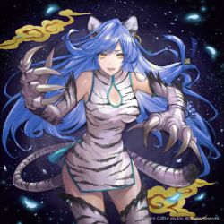 Rule 34 | :d, animal ears, animal hands, animal print, black background, blue hair, breasts, brown eyes, byakko, cat ears, cat tail, china dress, chinese clothes, claws, cleavage, company name, dress, earrings, jewelry, long hair, medium breasts, official art, open mouth, revolve, smile, solo, standing, tail, tcoffee, thighhighs, tiger print, very long hair, white thighhighs