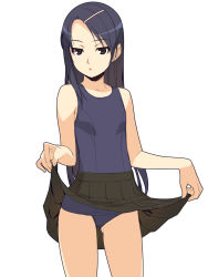 Rule 34 | 1girl, black skirt, blue eyes, blue hair, clothes lift, flat chest, hair ornament, hairclip, highres, ino (magloid), long hair, matching hair/eyes, mochizuki nonoka, one-piece swimsuit, otome function, school swimsuit, simple background, skirt, skirt lift, solo, swimsuit