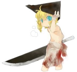 Rule 34 | 1boy, aged down, blonde hair, blood, blue eyes, drill hair, gloves, helmet, male focus, pyramid head, silent hill, silent hill (series), silent hill 2, simple background, solo, sword, topless male, weapon