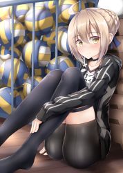 Rule 34 | 1girl, absurdres, ahoge, artoria pendragon (all), artoria pendragon (fate), ass, ball, bike shorts, black jacket, black neckwear, black thighhighs, blonde hair, blue ribbon, blush, choker, fate/grand order, fate (series), gym storeroom, hair between eyes, hair bun, hair ribbon, highres, hood, hooded track jacket, indoors, jacket, knees up, long sleeves, looking at viewer, moyoron, multiple balls, mysterious heroine x alter (fate), mysterious heroine x alter (second ascension) (fate), name tag, open clothes, open jacket, ribbon, saber (fate), short hair, single hair bun, sitting, sleeves past wrists, solo, tareme, thighhighs, track jacket, vaulting horse, volleyball, volleyball (object), wooden floor, yellow eyes