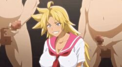 Rule 34 | 10s, 1girl, 2016, 3boys, age difference, animated, animated gif, belly, blonde hair, blue eyes, bottomless, bouncing breasts, breasts, censored, cleavage, clenched teeth, covered erect nipples, cowgirl position, curvy, dark skin, energy kyouka!!, eyebrows, fat, fat man, girl on top, grin, happy sex, large breasts, long hair, mosaic censoring, multiple boys, old, old man, satou kimiatsu, school uniform, sex, shiraishi kyouka, smile, straddling, tamatsuyada, teeth, thick thighs, thighhighs, thighs, vaginal