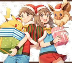 Rule 34 | 1boy, 1girl, :d, blue shirt, blush, bow, bowtie, box, brown eyes, brown hair, capelet, closed mouth, clothed pokemon, commentary request, creatures (company), eevee, eyelashes, fur-trimmed capelet, fur trim, game freak, gen 1 pokemon, gift, gift box, hat, holding, holding gift, jacket, leaf (pokemon), nintendo, open mouth, pants, pikachu, pleated skirt, pokemon, pokemon frlg, red (pokemon), red headwear, red jacket, red skirt, santa hat, scbstella, shirt, short hair, skirt, smile, teeth, tongue, upper teeth only, wristband, yellow bow, yellow bowtie