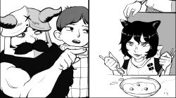 Rule 34 | 1girl, 3boys, animal ears, beard, black hair, bowl, cat ears, cat girl, chilchuck tims, chopsticks, dungeon meshi, facial hair, fake horns, food, food on face, greyscale, helmet, hentaicat, highres, horned helmet, horns, izutsumi, laios touden, looking at another, meme, monochrome, multiple boys, muscular, muscular male, pointing, pointing at another, rolling eyes, senshi (dungeon meshi), slit pupils, smug, soup, spoon, woman yelling at cat (meme)