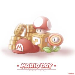 Rule 34 | ? block, artist name, coin, elcajarito, english text, fire flower, gold coin, hat, highres, mario (series), mario day, nintendo, no humans, red headwear, simple background, super mushroom, watermark, white background