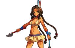 Rule 34 | 1girl, bikini, braid, breasts, brown hair, cleavage, collarbone, covered erect nipples, cowboy shot, eiyuu senki, feather hair ornament, feathers, geronimo (eiyuu senki), green eyes, hair ornament, hair ribbon, hairband, holding, holding weapon, long hair, looking at viewer, navel, ooyari ashito, ribbon, solo, swimsuit, tattoo, transparent background, twin braids, weapon