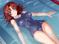 Rule 34 | 1girl, afloat, amano mitsurugi, floating, game cg, honma egao, non-web source, one-piece swimsuit, pool, purple eyes, red hair, school swimsuit, short hair, solo, submerged, swimsuit, water, white x red