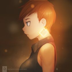 Rule 34 | 1girl, aurahack, bare shoulders, blue eyes, breasts, earrings, from side, glowing, highres, jewelry, light, light particles, orange hair, original, profile, short hair, signature, solo, upper body, watermark, web address