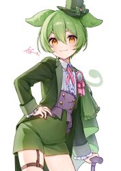 Rule 34 | 1girl, alternate costume, award ribbon, buttons, cane, cape, center frills, closed mouth, coat, collared shirt, contrapposto, cowboy shot, cross tie, frilled shirt, frills, green cape, green coat, green hair, green hat, green shorts, guribato, hair between eyes, hand on own hip, hat, highres, long sleeves, looking at viewer, mini hat, mini top hat, open clothes, open coat, purple sash, sash, shirt, short hair, shorts, side cape, signature, simple background, smile, solo, standing, thigh strap, top hat, very short hair, voicevox, white background, white shirt, yellow eyes, zundamon