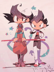 Rule 34 | &gt;:(, 2boys, abstract, armor, arms at sides, beige background, black eyes, black footwear, black hair, blurry, blush, blush stickers, boots, d:, depth of field, dougi, dragon ball, dragon ball super, dragonball z, expressionless, eyes visible through hair, frown, full body, gloves, hand on own hip, hand on own shoulder, height difference, highres, holding, looking at viewer, male focus, messy hair, monkey tail, multiple boys, ruyi jingu bang, open mouth, shadow, side-by-side, simple background, son goku, spiked hair, standing, star (symbol), starry background, suzuka g, tail, thigh gap, v-shaped eyebrows, vegeta, white footwear, white gloves, wristband