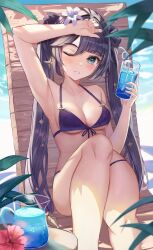 Rule 34 | 1girl, arm up, bikini, black hair, breasts, cleavage, commentary request, cup, earrings, front-tie bikini top, front-tie top, genshin impact, green eyes, halterneck, highres, holding, holding cup, i ruru, jewelry, long hair, looking at viewer, medium breasts, mona (genshin impact), one eye closed, outdoors, purple bikini, sitting, solo, sparkle print, star (symbol), star earrings, string bikini, swimsuit, twintails