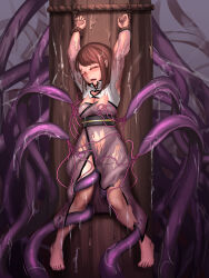 Rule 34 | 1girl, absurdres, arms up, blush, breasts, breasts out, brown hair, cleavage, closed eyes, dress, enokiyama, entacles, female focus, highres, imminent penetration, imminent rape, medium breasts, nipple stimulation, nipple tweak, open mouth, restrained, rope, tentacles, tentacles under clothes, torn clothes