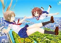 Rule 34 | 2girls, :d, artist name, black socks, building, circle name, city, day, falling, holding hands, kisaragi miyu, kneehighs, loafers, multiple girls, open mouth, outstretched arms, pleated skirt, school uniform, serafuku, shoes, skirt, sky, smile, socks, spread arms, twintails, twitter username, white legwear
