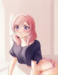 Rule 34 | 1girl, :t, absurdres, aiyanamii, arched back, bent over, black shirt, blush, highres, looking at viewer, love live!, love live! school idol project, medium hair, nishikino maki, no pants, panties, pink panties, pout, pouty lips, purple eyes, red hair, shirt, short sleeves, side-tie panties, solo, t-shirt, underwear, v-shaped eyebrows