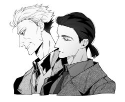 Rule 34 | 2boys, blazer, closed mouth, coat, collared shirt, commentary request, expressionless, formal, gin to kin, greyscale, hair slicked back, highres, hirai ginji, husik cm, jacket, korean commentary, looking afar, low ponytail, male focus, monochrome, morita tetsuo, multiple boys, necktie, old, old man, pointy nose, profile, shirt, short hair, short ponytail, simple background, smile, suit, upper body, wrinkled skin
