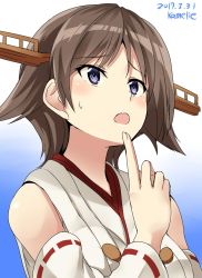Rule 34 | 10s, 1girl, artist name, bare shoulders, blue background, blue eyes, brown hair, dated, detached sleeves, finger to own chin, gradient background, headgear, hiei (kancolle), hiei kai ni (kancolle), highres, kamelie, kantai collection, looking up, nontraditional miko, one-hour drawing challenge, ribbon-trimmed sleeves, ribbon trim, short hair, solo, sweatdrop, wide sleeves