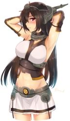 Rule 34 | 10s, 1girl, arm behind head, armpits, bare shoulders, black hair, blush, breasts, elbow gloves, gloves, hairband, headgear, jpeg artifacts, kantai collection, long hair, midriff, nagato (kancolle), red eyes, simple background, solo, yu yu