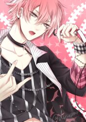 Rule 34 | 1boy, \n/, chain necklace, dear vocalist, ear piercing, earrings, fingernails, grey eyes, hair between eyes, holding, jewelry, long sleeves, looking at viewer, male focus, midriff peek, mimura (men0725), necklace, open mouth, piercing, pink hair, re-o-do, shirt, sleeves past elbows, solo, star (symbol), striped clothes, striped shirt, teeth, twitter username, upper body, upper teeth only