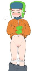 Rule 34 | 1boy, blush, briefs, clothes pull, flat color, gloves, green eyes, green gloves, green headwear, groin, highres, jacket, jitome, kyle broflovski, male underwear, male underwear pull, navel, ns (artist), orange jacket, pants, pants pull, pussy, red hair, reverse newhalf, simple background, solo, south park, underwear, white background