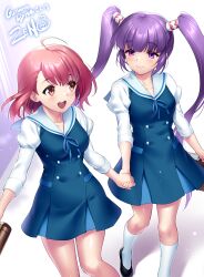 Rule 34 | 2girls, absurdres, ahoge, alternate costume, blue ribbon, blush, commission, commissioner upload, crossover, dress, highres, holding hands, m.o.m.o., multiple girls, pink hair, purple eyes, purple hair, ribbon, school uniform, skeb commission, smile, sophie (tales), tales of (series), tales of graces, twintails, xenosaga, yellow eyes, zen (kamuro)
