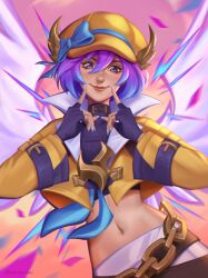 Rule 34 | 1girl, absurdres, artist name, black gloves, black shirt, blue bow, bow, brown collar, chain, collar, cowboy shot, crop top, dani (dalianae), fingerless gloves, gloves, hands up, hat, hat bow, highres, jacket, league of legends, long sleeves, lux (league of legends), nail polish, navel, official alternate costume, pink hair, shirt, short hair, smile, soul fighter lux, stomach, white nails, yellow headwear, yellow jacket