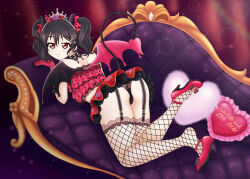 Rule 34 | 1girl, ass, black hair, black panties, couch, demon horns, demon tail, demon wings, fishnet thighhighs, fishnets, from behind, highres, horns, looking at viewer, looking back, love live!, love live! school idol project, lying, on couch, on stomach, panties, red eyes, see-through, see-through panties, tail, thighhighs, thighs, twintails, underwear, wings, yazawa nico, yozora takayama