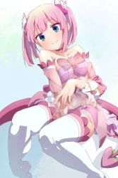 Rule 34 | 1girl, absurdres, blue eyes, blush, bra, breasts, chiyoda momo, closed mouth, collarbone, eyebrows hidden by hair, highres, looking at viewer, machikado mazoku, magical girl, oekakiism, panties, pink bra, pink hair, pink panties, see-through, short hair, small breasts, smile, solo, thighhighs, underwear, white thighhighs
