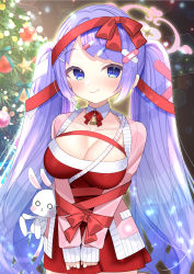 Rule 34 | 1girl, alternate costume, bad id, bad pixiv id, bandaid, bandaid hair ornament, bell, blue archive, blue eyes, blush, bound, bound arms, breasts, christmas, christmas tree, cleavage, crossed bandaids, detached collar, dress, fang, hair ornament, halo, hanae (blue archive), highres, jacket, kaerunrun, large breasts, long hair, neck bell, open clothes, open jacket, pill hair ornament, purple hair, ribbon, ribbon bondage, santa dress, skin fang, sleeves past wrists, smile, solo, stuffed animal, stuffed rabbit, stuffed toy, twintails, very long hair