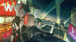 Rule 34 | 1girl, ambience synesthesia, antenna hair, antennae, arknights, back, backless outfit, bare shoulders, black gloves, black skirt, boots, breasts, building, city, cityscape, crane (machine), demon girl, demon horns, demon tail, elbow gloves, gloves, grey hair, high heel boots, high heels, highres, horns, looking at viewer, looking back, medium breasts, naoel (naoel art), night, night sky, on roof, outdoors, pantyhose, projector, rain, red eyes, red hair, short hair, sitting, skirt, sky, skyscraper, smile, solo, tail, thigh boots, w (arknights), w (wanted) (arknights)