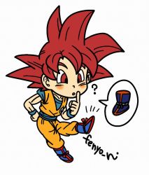 Rule 34 | 1boy, ?, ^^^, artist name, blue footwear, blush, blush stickers, boots, chibi, clenched hand, clothes writing, collarbone, commentary request, curious, dougi, dragon ball, dragon ball super, dragon ball z kami to kami, fenyon, finger to cheek, floating, full body, hand on own hip, looking down, male focus, red eyes, red hair, simple background, solo, son goku, speech bubble, spiked hair, super saiyan, super saiyan god, white background, wristband
