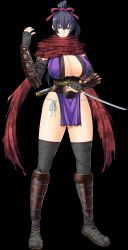 Rule 34 | 1girl, black background, black gloves, black hair, breasts, fingerless gloves, gloves, highres, holding, holding sword, holding weapon, huge breasts, kunoichi, ninja, ponytail, red scarf, scarf, solo, suzaku, sword, tagme, uncensored, weapon