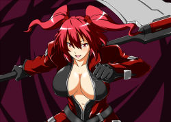 Rule 34 | 1girl, :d, arc system works, blazblue, breasts, cleavage, cosplay, female focus, hair bobbles, hair ornament, huge breasts, onozuka komachi, open clothes, open mouth, open shirt, pink eyes, ragna the bloodedge, ragna the bloodedge (cosplay), red hair, scythe, shirt, shouji nigou, smile, solo, touhou