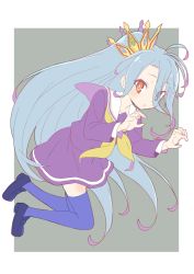 Rule 34 | 1girl, :&lt;, absurdres, antenna hair, blue background, blue hair, blue thighhighs, border, bright pupils, closed mouth, donguri suzume, dot nose, eyes visible through hair, full body, green background, hair between eyes, hair ornament, highres, long sleeves, looking at viewer, multicolored hair, neckerchief, no game no life, orange eyes, purple footwear, purple shirt, purple skirt, sailor collar, shiro (no game no life), shirt, shoes, simple background, skirt, solo, thighhighs, white border, white sailor collar, yellow neckerchief