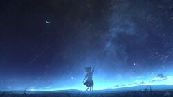 Rule 34 | 1girl, animal ears, arm up, blue theme, cat ears, cat girl, cat tail, chinese commentary, commentary, commentary request, crescent moon, english commentary, from behind, full body, grass, highres, horizon, light particles, mixed-language commentary, moon, mountainous horizon, night, night sky, original, outdoors, rune xiao, scenery, shooting star, short hair, signature, sky, solo, standing, standing on one leg, star (sky), star (symbol), starry sky, tail, white hair
