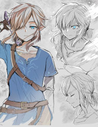 Rule 34 | 1boy, angry, belt, belt buckle, blue eyes, blue shirt, brown belt, buckle, collarbone, commentary request, earrings, from side, frown, hair over one eye, highres, jewelry, link, looking at viewer, male focus, multiple views, nintendo, pointy ears, seri (yuukasakura), shirt, short ponytail, short sleeves, sweatdrop, sword, the legend of zelda, the legend of zelda: breath of the wild, tunic, v-shaped eyebrows, weapon, weapon on back