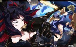 2girls ahoge artist_name black_hair blonde_hair bodysuit breasts breasts_out chopsticks cup_ramen excalibur_morgan_(fate) fate/grand_order fate_(series) food food_in_mouth green_eyes hat high_heels highres holding holding_sword holding_weapon ishtar_(fate) jacket knee_socks long_hair medium_breasts multicolored_hair multiple_girls mysterious_heroine_x_(fate) nipples noodles orphen_(pink_seito) panties ponytail pussy ramen red_hair scarf small_breasts space space_ishtar_(fate) sword two-tone_hair uncensored underwear weapon