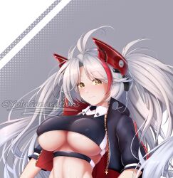 Rule 34 | 1girl, azur lane, blush, breasts, covered erect nipples, dildo, highres, jacket, large breasts, looking at viewer, multicolored hair, prinz eugen (azur lane), prinz eugen (final lap) (azur lane), race queen, sex toy, solo, underboob, white hair, yolo generations