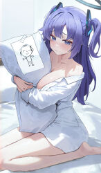 Rule 34 | 1girl, barefoot, bed sheet, blue archive, blush, breasts, closed mouth, collared shirt, doodle sensei (blue archive), halo, highres, hugging object, indoors, large breasts, long hair, long sleeves, looking at viewer, mechanical halo, num s1x, pillow, pillow hug, purple eyes, purple hair, sensei (blue archive), shirt, sitting, solo, two side up, wariza, white shirt, yuuka (blue archive)