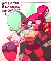 Rule 34 | 2girls, against wall, animated, animated gif, ass, bike shorts, blue hair, bound, bound arms, bound legs, cleft of venus, crop top, diives, english text, fangs, feeding, femdom, force-feeding, highres, ink, inkling, inkling girl, inkling player character, leaning forward, looking at another, multiple girls, navel, nintendo, open mouth, oral, pink hair, shorts, splatoon (series), sports bra, stomach, strap slip, tentacle hair, tentacles, topknot, yuri