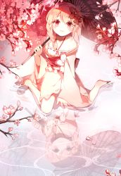 Rule 34 | 1girl, :|, absurdres, bad id, bad pixiv id, bare shoulders, blush, braid, branch, camisole, cherry blossoms, closed mouth, collarbone, commentary request, fingernails, floral print, flower, from above, hair between eyes, hair flower, hair ornament, hair over shoulder, hair tie, halterneck, highres, holding, holding umbrella, japanese clothes, kimono, leaning to the side, long hair, long sleeves, looking at viewer, looking up, nimo (fb74716610), obi, off shoulder, oil-paper umbrella, petals, petals on liquid, pink hair, pink kimono, red eyes, red umbrella, reflection, ribbon trim, sandals, sash, sergestid shrimp in tungkang, shallow water, short kimono, single braid, sitting, sleeves past wrists, solo, tareme, umbrella, wariza, water, wide sleeves, xuan ying, zouri