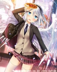 Rule 34 | 1girl, angel wings, arm up, black thighhighs, blue eyes, blue necktie, blush, brown skirt, cross hair ornament, falkyrie no monshou, hair ornament, hairclip, looking at viewer, natsumekinoko, necktie, official art, open mouth, plaid, plaid skirt, short hair, silver hair, skirt, striped necktie, striped neckwear, sweater vest, thighhighs, v, wings, yakisobapan
