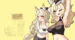 Rule 34 | 4girls, ;d, animal ear fluff, animal ears, arknights, armpits, arms up, bare arms, bare shoulders, black headwear, black shirt, blemishine (arknights), blonde hair, blue eyes, breasts, cleavage, collarbone, covered erect nipples, crop top, fang, grani (arknights), hat, hm (hmongt), holding, horse ears, horse girl, horse tail, large breasts, long hair, midriff, multiple girls, navel, nearl (arknights), one eye closed, open mouth, orange eyes, ponytail, shirt, siblings, sign, sisters, sleeveless, sleeveless shirt, smile, stomach, stretching, sweat, tail, towel, whislash (arknights), white shirt