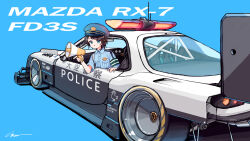 Rule 34 | 1girl, blue background, blue eyes, blue hat, car, collared shirt, hat, highres, holding, holding megaphone, hololive, looking at viewer, mazda rx-7, mazda rx-7 fd, megaphone, motor vehicle, oozora subaru, police car, police hat, radio antenna, shirt, short hair, signature, simana, solo, spoiler (automobile), v-shaped eyebrows, vehicle focus, virtual youtuber
