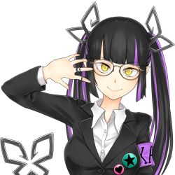 Rule 34 | 1girl, nanashi inc., alternate costume, bespectacled, black-framed eyewear, black hair, black jacket, blunt bangs, breasts, brown-framed eyewear, closed mouth, collared shirt, commentary request, demon girl, demon horns, demon tail, engacyo (engacyo39800yen), glasses, horns, jacket, jewelry, kojo anna, long hair, long sleeves, looking at viewer, medium breasts, multicolored hair, pointy ears, purple hair, rectangular eyewear, ring, shirt, simple background, smile, solo, sugar lyric, tail, transparent background, twintails, two-tone hair, upper body, virtual youtuber, white shirt, yellow eyes