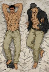 Rule 34 | 2boys, :p, abs, aikawa (dorohedoro), arkuny, arms behind head, backwards hat, bara, barefoot, baseball cap, blood, blood on face, caiman (dorohedoro), dakimakura (medium), dorohedoro, facial hair, from above, full body, hat, highres, holding, holding mask, large pectorals, long sideburns, male focus, male pubic hair, mask, mature male, multiple boys, muscular, muscular male, navel, nipples, on bed, open fly, pants, pectoral cleavage, pectorals, pubic hair, pubic hair peek, seductive smile, short hair, sideburns, sideburns stubble, smile, spoilers, stomach, stubble, thick eyebrows, tongue, tongue out, topless male, v-shaped eyebrows