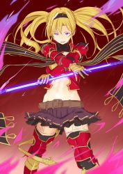 Rule 34 | 10s, armor, bad id, bad twitter id, belt, blonde hair, blue eyes, collar, commentary request, cropped jacket, floating hair, gauntlets, glowing, glowing weapon, granblue fantasy, grin, headband, highres, holding, holding weapon, leg armor, looking at viewer, midriff, miniskirt, niwatazumi, red armor, shoulder armor, skirt, smile, solo, thighhighs, twintails, vambraces, weapon, zeta (granblue fantasy)