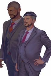 Rule 34 | 2boys, alternate costume, belt, black hair, brothers, business suit, buttons, closed mouth, collared shirt, commentary, creatures (company), earrings, facial hair, formal, game freak, green eyes, grey jacket, grey pants, grey vest, hand on own hip, highres, jacket, jewelry, long sleeves, male focus, multiple boys, necktie, nintendo, pants, parted lips, peony (pokemon), pokemon, pokemon swsh, red neckwear, rose (pokemon), shirt, short hair, siblings, signature, suit, undercut, very short hair, vest, waiwai mura, white background, white shirt