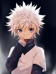 Rule 34 | 1boy, bandaged hand, bandages, black background, black shirt, blue eyes, closed mouth, commentary request, hand up, hunter x hunter, kajino (aosansai), killua zoldyck, layered sleeves, long sleeves, looking at viewer, male focus, messy hair, shirt, short hair, short over long sleeves, short sleeves, smile, solo, spiked hair, split mouth, turtleneck, upper body, white hair, white shirt, zipper pull tab